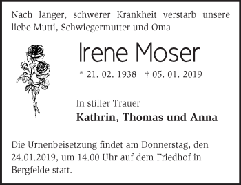 Traueranzeige von Irene Moser von Märkische Oderzeitung