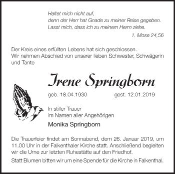 Traueranzeige von Irene Springborn von Märkische Oderzeitung