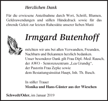 Traueranzeige von Irmgard Butenhoff von Märkische Oderzeitung