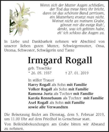 Traueranzeige von Irmgard Rogall von Märkische Oderzeitung