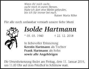 Traueranzeige von Isolde Hartmann von Märkische Oderzeitung