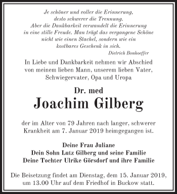 Traueranzeige von Joachim Gilberg von Märkische Oderzeitung