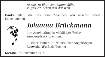 Traueranzeige von Johanna Brückmann von Märkische Oderzeitung