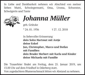 Traueranzeige von Johanna Müller von Märkische Oderzeitung