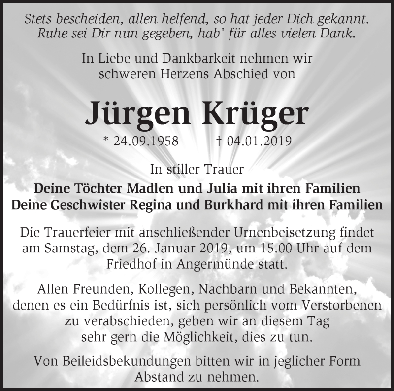  Traueranzeige für Jürgen Krüger vom 20.01.2019 aus Märkische Oderzeitung