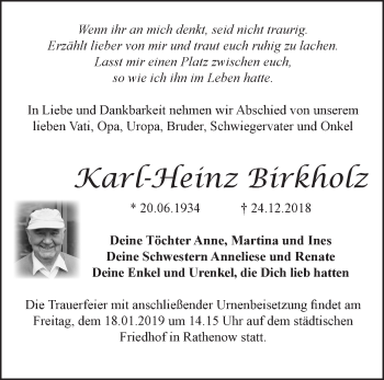 Traueranzeige von Karl-Heinz Birkholz von Märkische Oderzeitung