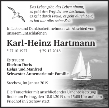 Traueranzeige von Karl-Heinz Hartmann von Märkische Oderzeitung