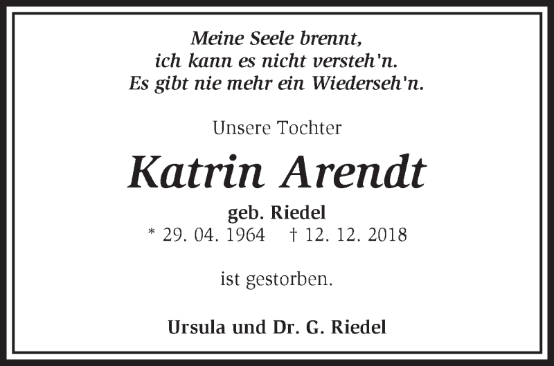  Traueranzeige für Katrin Arendt vom 05.01.2019 aus Märkische Oderzeitung