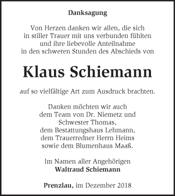 Traueranzeige von Klaus Schiemann von Märkische Oderzeitung