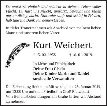 Traueranzeige von Kurt Weichert von Märkische Oderzeitung