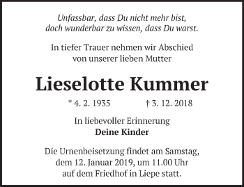 Traueranzeige von Lieselotte Kummer von Märkische Oderzeitung