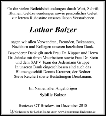 Traueranzeige von Lothar Balzer von Märkische Oderzeitung