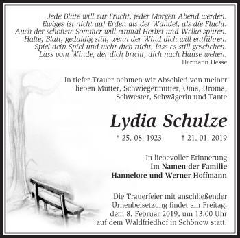 Traueranzeige von Lydia Schulze von Märkische Oderzeitung