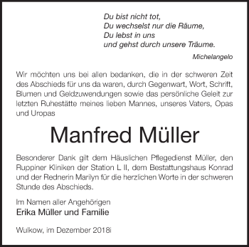 Traueranzeige von Manfred Müller von Märkische Oderzeitung