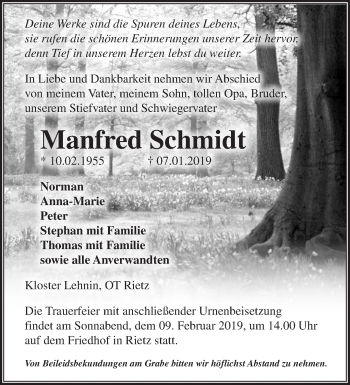 Traueranzeige von Manfred Schmidt von Märkische Oderzeitung