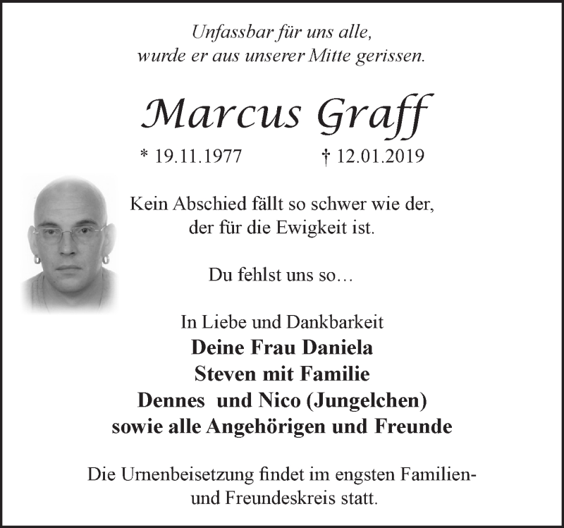  Traueranzeige für Marcus Graff vom 27.01.2019 aus Märkische Oderzeitung