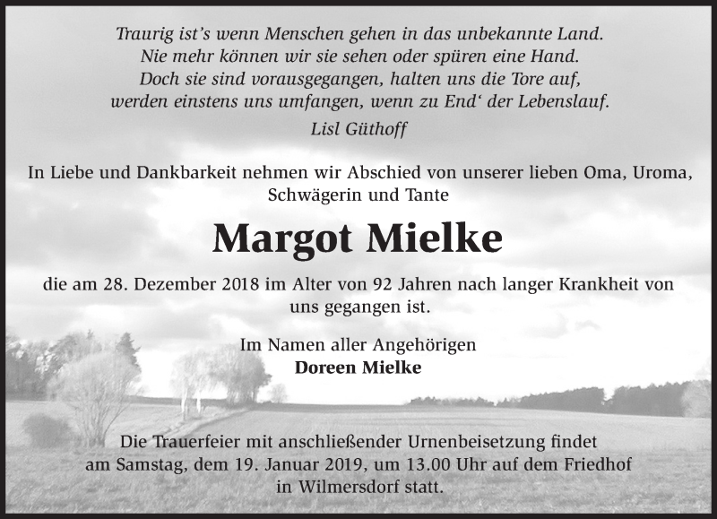  Traueranzeige für Margot Mielke vom 08.01.2019 aus Märkische Oderzeitung