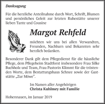 Traueranzeige von Margot Rehfeld von Märkische Oderzeitung