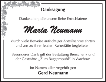 Traueranzeige von Maria Neumann von Märkische Oderzeitung