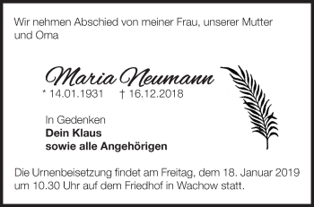 Traueranzeige von Maria Neumann von Märkische Oderzeitung