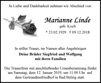 Traueranzeige von Marianne Linde von Märkische Oderzeitung