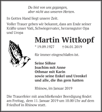 Traueranzeige von Martin Wittkopf von Märkische Oderzeitung