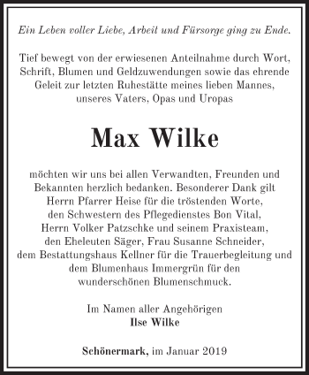 Traueranzeige von Max Wilke von Märkische Oderzeitung