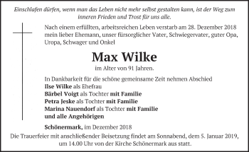 Traueranzeige von Max Wilke von Märkische Oderzeitung