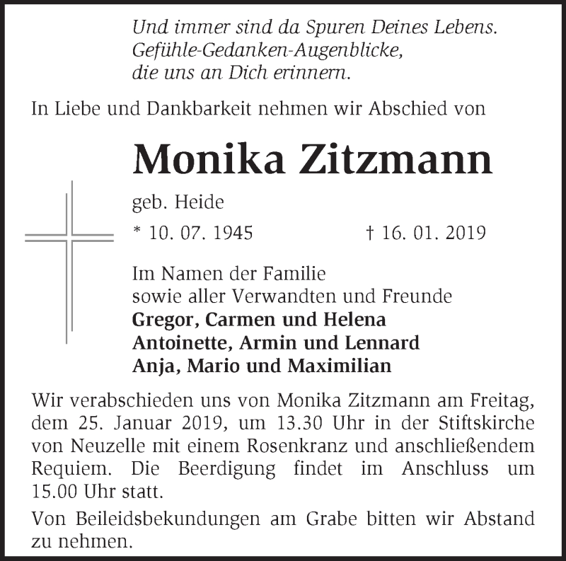  Traueranzeige für Monika Zitzmann vom 22.01.2019 aus Märkische Oderzeitung