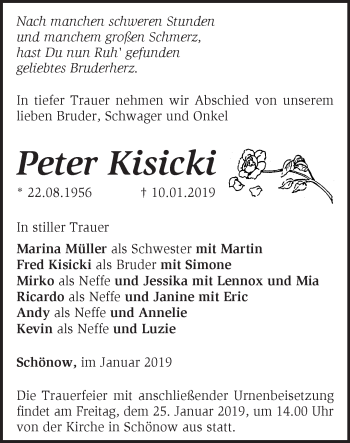 Traueranzeige von Peter Kisicki von Märkische Oderzeitung