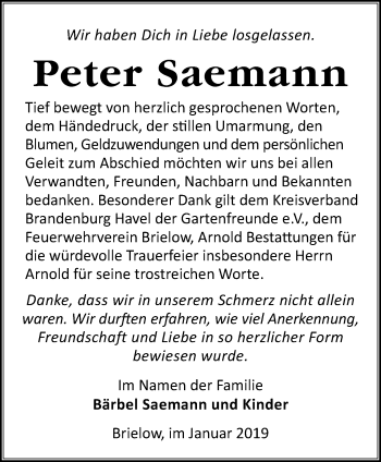 Traueranzeige von Peter Saemann von Märkische Oderzeitung