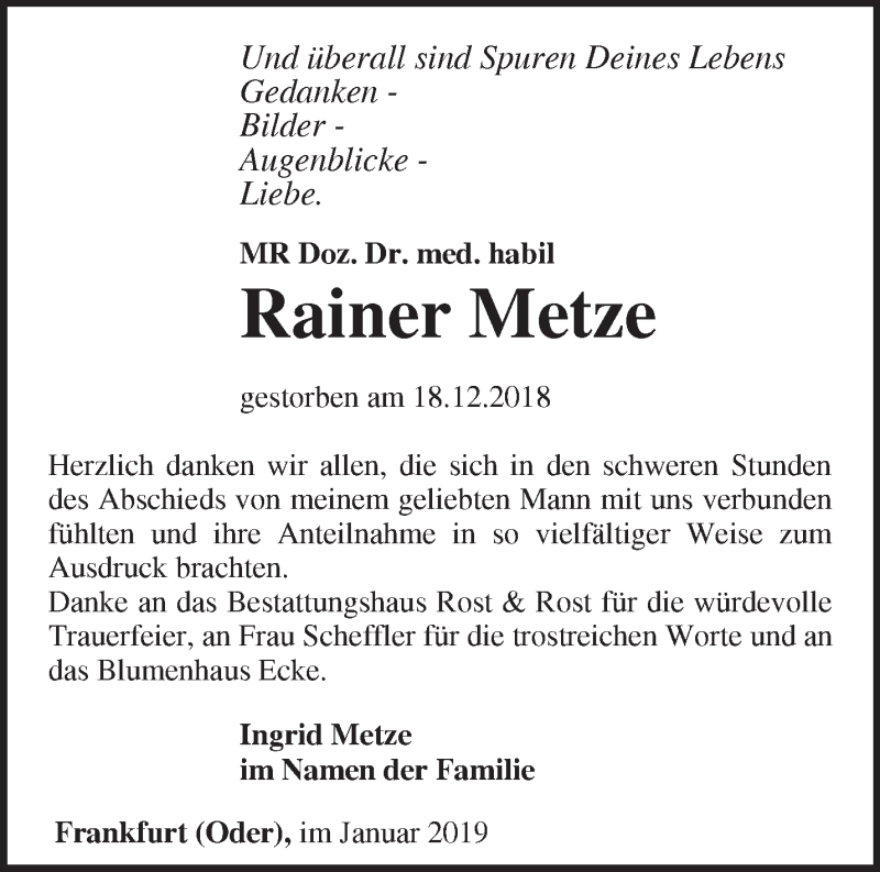  Traueranzeige für Rainer Metze vom 23.01.2019 aus Märkische Oderzeitung