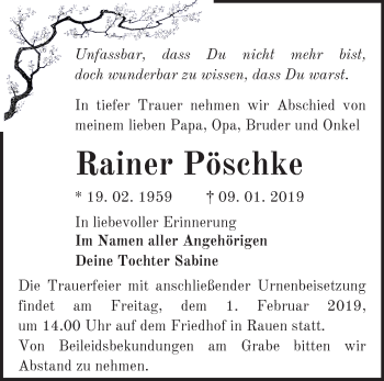 Traueranzeige von Rainer Pöschke von Märkische Oderzeitung