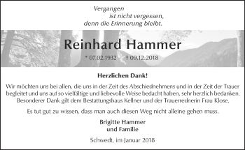 Traueranzeige von Reinhard Hammer von Märkische Oderzeitung