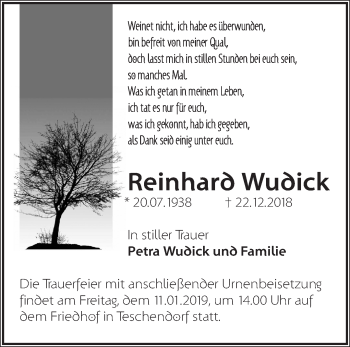 Traueranzeige von Reinhard Wudick von Märkische Oderzeitung