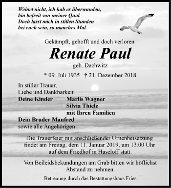 Traueranzeige von Renate Paul von Märkische Oderzeitung