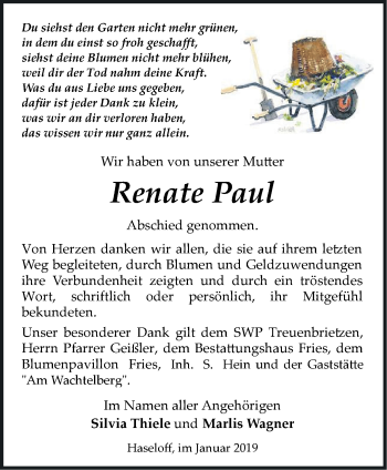 Traueranzeige von Renate Paul von Märkische Oderzeitung