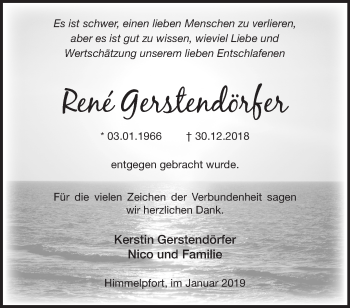 Traueranzeige von René Gerstendörfer von Märkische Oderzeitung