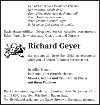 Traueranzeige von Richard Geyer von Märkische Oderzeitung