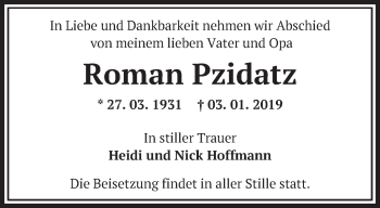 Traueranzeige von Roman Pzidatz von Märkische Oderzeitung