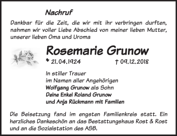 Traueranzeige von Rosemarie Grunow von Märkische Oderzeitung