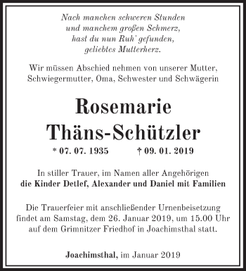 Traueranzeige von Rosemarie Thäns-Schützler von Märkische Oderzeitung