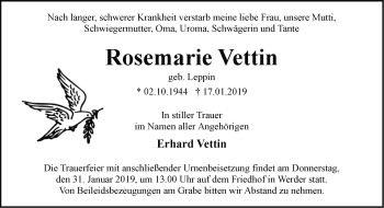 Traueranzeige von Rosemarie Vettin von Märkische Oderzeitung