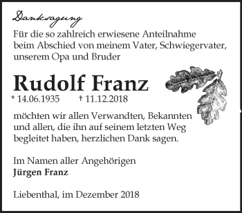 Traueranzeige von Rudolf Franz von Märkische Oderzeitung