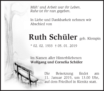 Traueranzeige von Ruth Schüler von Märkische Oderzeitung