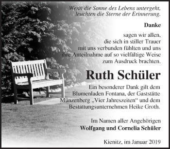 Traueranzeige von Ruth Schüler von Märkische Oderzeitung