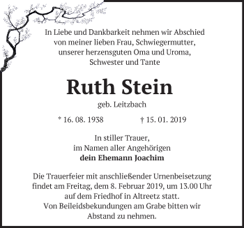 Traueranzeige von Ruth Stein von Märkische Oderzeitung