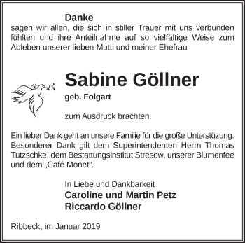 Traueranzeige von Sabine Göllner von Märkische Oderzeitung