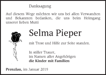 Traueranzeige von Selma Pieper von Märkische Oderzeitung