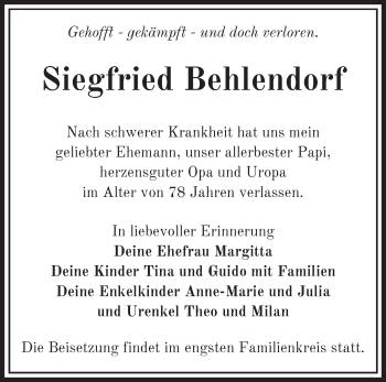 Traueranzeige von Siegfried Behlendorf von Märkische Oderzeitung